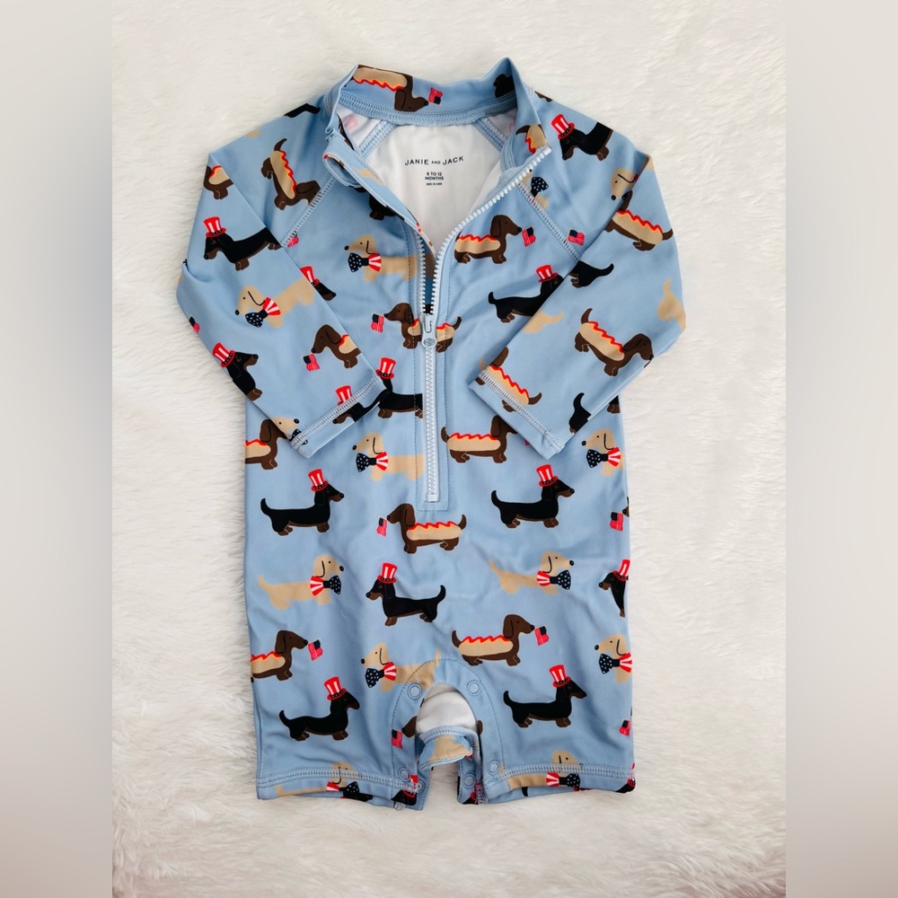 Janie and Jack Blue Dachshund Baby Swimsuit size 6-12 months